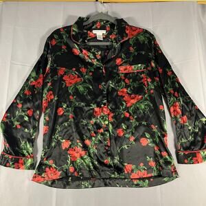 Morgan Taylor Intimates Shirt Womens Small Black Red Floral Satin Pajama Top